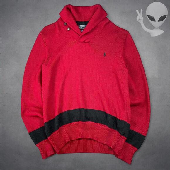 Ralph Lauren Other - Vintage Polo Ralph Lauren Red Shawl Collar Sweater Black Stripe Medium Preppy
